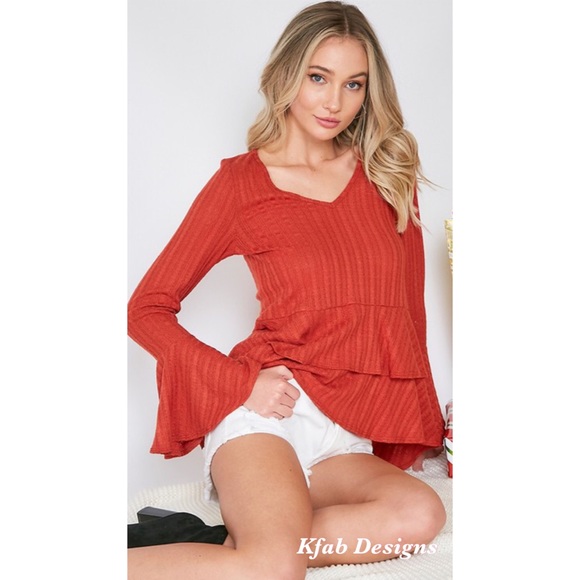 LAST ONE! ! RUST V-NECK TIERED RUFFLE RIB KNIT TOP! - Picture 6 of 9